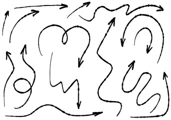 Doodle line hand drawn curved arrows. Sketch set, cute black scribble isolated collection for office, school.