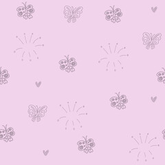 Obraz na płótnie Canvas Doodle pink butterflies, hearts pattern, cute seamless firework for paper, fabric textile, kids.