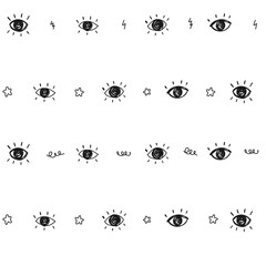 Hand drawn black and white eyes pattern, seamless doodle stars, scribble. Cute for paper, fabric, kids.