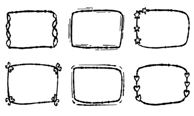 Black doodle frames, hand drawn collection. Line scribble for school, office, happy birthday collection with stars, hearts.