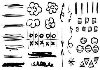 Scribble arrows, flowers, strokes, circles. Sketch cute set, doodle isolated line collection.