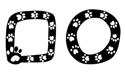 Cute black frames with paws, doodle isolated set, hand drawn. Circle, square for pets collection.