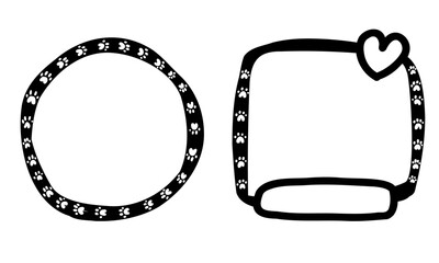 Cute doodle frames with paws, hearts set, hand drawn isolated. For dog, cat, bunny, pets collection.
