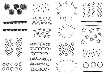 Fototapeta na wymiar Scribble rays, stars, circles, strokes, circles. Sketch cute set, doodle isolated line collection.