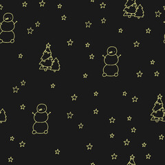 Black and yellow line pattern with Christmas tree, stars, snowman doodle. Winter for fabric textiles, wallpaper.