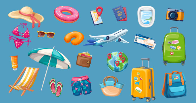 Travel vacation on summer beach set vector illustration. Beach umbrella, sunglasses and sunscreen, tourists swimsuit and suitcase. Cartoon isolated collection for holiday on tropical island summertime