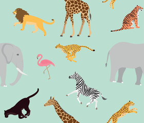 Vector seamless pattern of flat african wild animals isolated on mint background