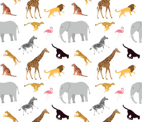 Vector seamless pattern of flat african wild animals isolated on white background