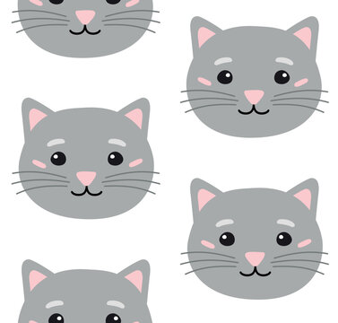 Vector seamless pattern of flat hand drawn cat face head isolated on white background