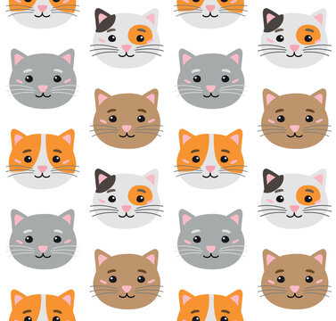 Vector seamless pattern of flat hand drawn different cat face head isolated on white background