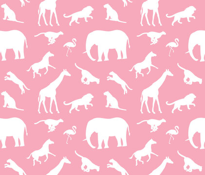 Vector seamless pattern of flat african wild animals silhouette isolated on pink background