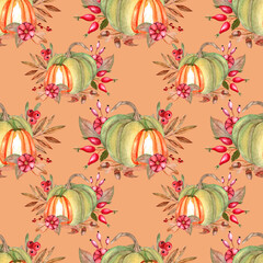 Watercolor seamless pattern with pumpkins