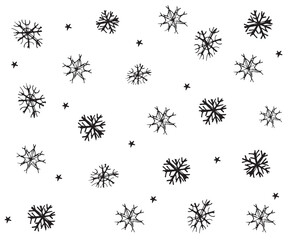 black and white winter doodle grunge pattern with snowflakes