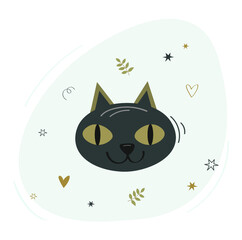Cute joyful, black cat, round icon, emoticons. Muzzle of a cat, autumn leaves, stars. Vector image on a light background for Halloween.