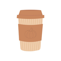 Vector flat illustration of a glass of pumpkin spice latte. A paper cup for coffee will suit modern