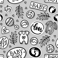 Hand drawn messy baby boy  accessories toys and badges. Abstract linear vector illustration. Black and white seamless pattern isolated on gray background.