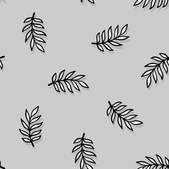 Hand drawn messy branches with leaves. Abstract botanical vector illustration. Black and white seamless pattern isolated on gray background.
