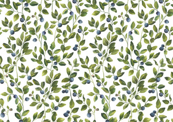 Blueberry leaves branches with berries. Watercolor seamless pattern isolated on transparent background. Great for wedding invitation, greeting cards, decoration, stationery