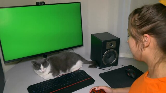 Gamer girl plays on joystick in computer game. Chromakey on computer screen. Cat lies under the screen. Video with a chroma key on the screen to insert any video or image.
