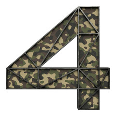 Number 4 made of used metal frame with camouflage inside, isolated on transparent background, 3d rendering