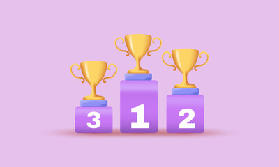 unique realistic winner pedestal trophy cups golden 3d design isolated on background.Trendy and modern vector in 3d style.