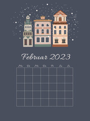 February 2023 calendar. Cozy winter houses on dark background. European buildings drawing. Vector seasonal illustration.