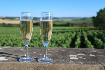Deux verres à vin (flûtes / coupes) remplis de champagne, devant un paysage de rangs de vigne dans la Marne, en Champagne Ardenne, région Grand-Est (France)
