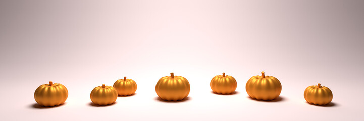 Realistic gold pumpkin on white background. Thanksgiving Halloween banner with the pumpkin fall. 3d rendering illustration.