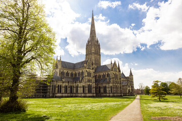 Salisbury Cathedral. Cathedral Church of the Blessed Virgin Mary. The Anglican gothic cathedral in...