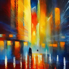 Naklejka premium Night in New York, NY. Oil painting modern impressionism art. Bright vibrant colors of neon night city. Avenue, houses, road traffic lights, skyscrapers, Manhattan. Wall art print, greeting template