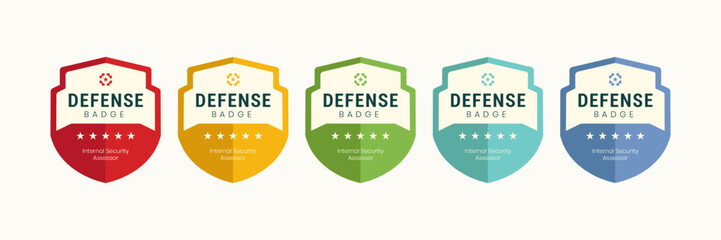 Digital badge shield defense design. Vector emblem certified company training. Protect icon with 5 stars.