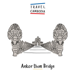 Angkor Thom Bridge Cambodia landmark Hand drawn color Illustration 