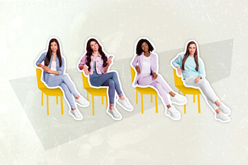 Collage image of four pretty girls sitting chair wait queue isolated on creative painted grey background