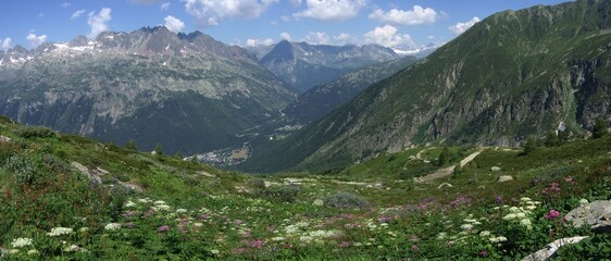 Vue du village et de la vallée de l'Argentière depuis le chemin de randonnée vers le glacier de l'Argentière