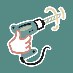 Drill in hand. Vector cartoon doodle sticker. Repair, construction, workers drilling a wall.