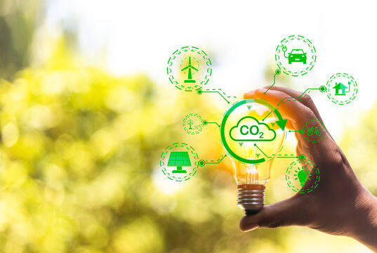 Eco Friendly Energy. Innovation Technology Eco Green Concept. Icon Bulb Energy Sources For Renewable On Green Blur Background.Concept With Innovation Inspiration. Idea Innovative From The Big Data.