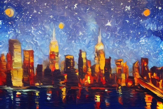 Night in New York, NY. Oil painting modern impressionism art. Bright vibrant colors of neon night city. Avenue, houses, road traffic lights, skyscrapers, Manhattan. Wall art print, greeting template