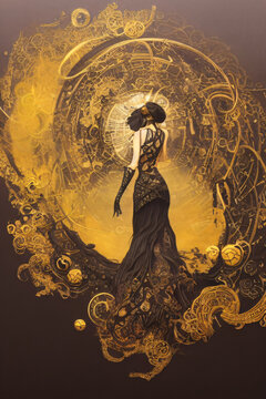 Lady Steampunk in front of an engineering wheel