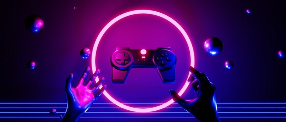 hand holding joystick video game of esports scifi gaming cyberpunk, vr virtual reality simulation and metaverse, scene stand pedestal stage, 3d illustration rendering, futuristic neon glow room © issaronow