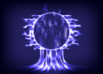 Circle teleport podium. Portal science futuristic stage. Sci-fi digital hi-tech in HUD projector. Magic gate in game fantasy. Portal to another universe. Warp ring, teleport gate in cartoon