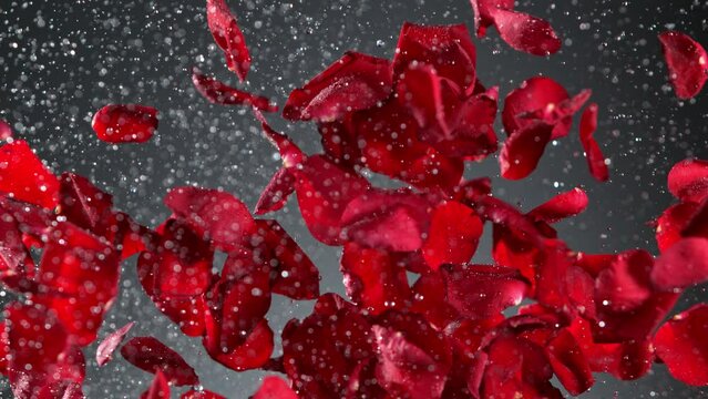 Super slow motion shot of real red rose petals and water explosion on grey background at 1000 fps.