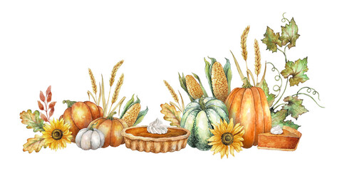 Thanksgiving day card. Harvest Watercolor illustration isolated on white background. Ripe vegetables. Pumpkins, pumpkin pie, Sunflowers, corn, wheat, leaves autumn illustration in vintage style. 