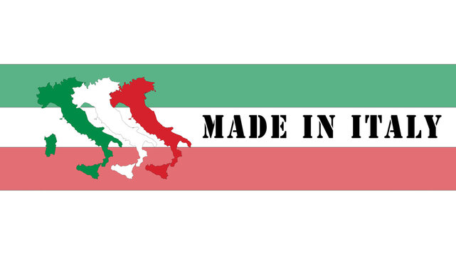 italy: graphics of the Italian tricolor, made up of several shapes of Italy, one for each color. Background band shaded by the colors associated with the name "made in Italy".