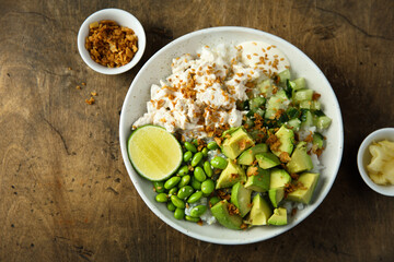 Homemade chicken bowl with avocado