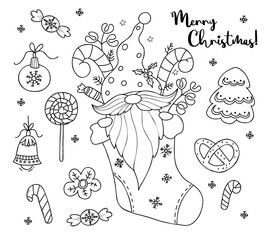 Christmas Collection. Scandinavian gnome in Christmas sock with caramel sticks, gingerbread, balls, lollipop, and candies. Vector Linear hand drawn doodle. isolated drawings for holiday decor, design.