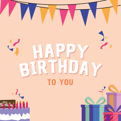Obraz na płótnie Canvas Vector Illustration Happy Birthday with Gifts and Cake