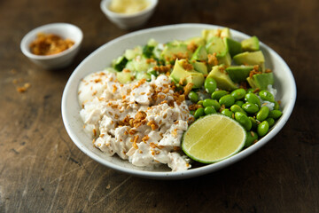 Homemade chicken bowl with avocado