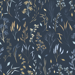 Seamless pattern with elegant twigs on a dark background