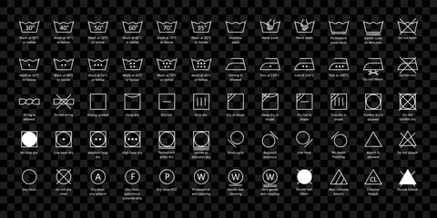 White Laundry wash symbols with names icons set expand paths. Vector