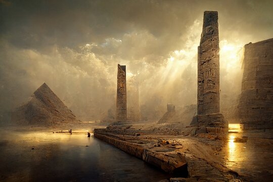 fantasy landscape of ancient egypt, river and temples, digital painting, concept illustration